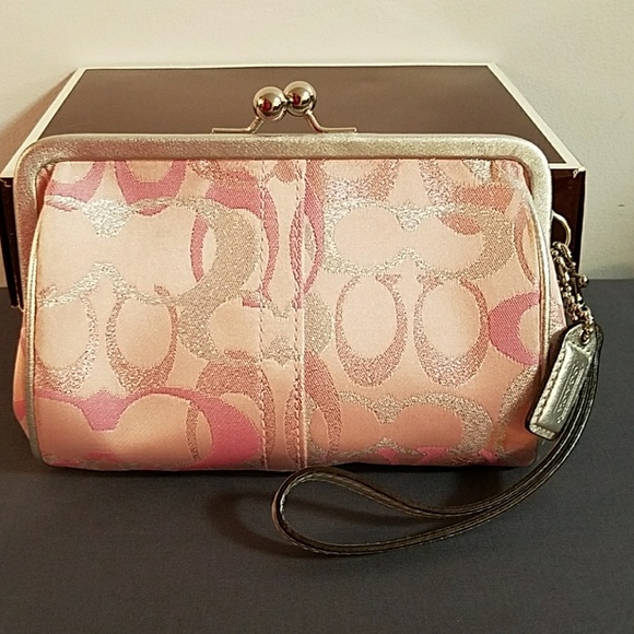 COACH Signature Pink & Silver Kiss Lock Wristlet - Picture 2 of 7